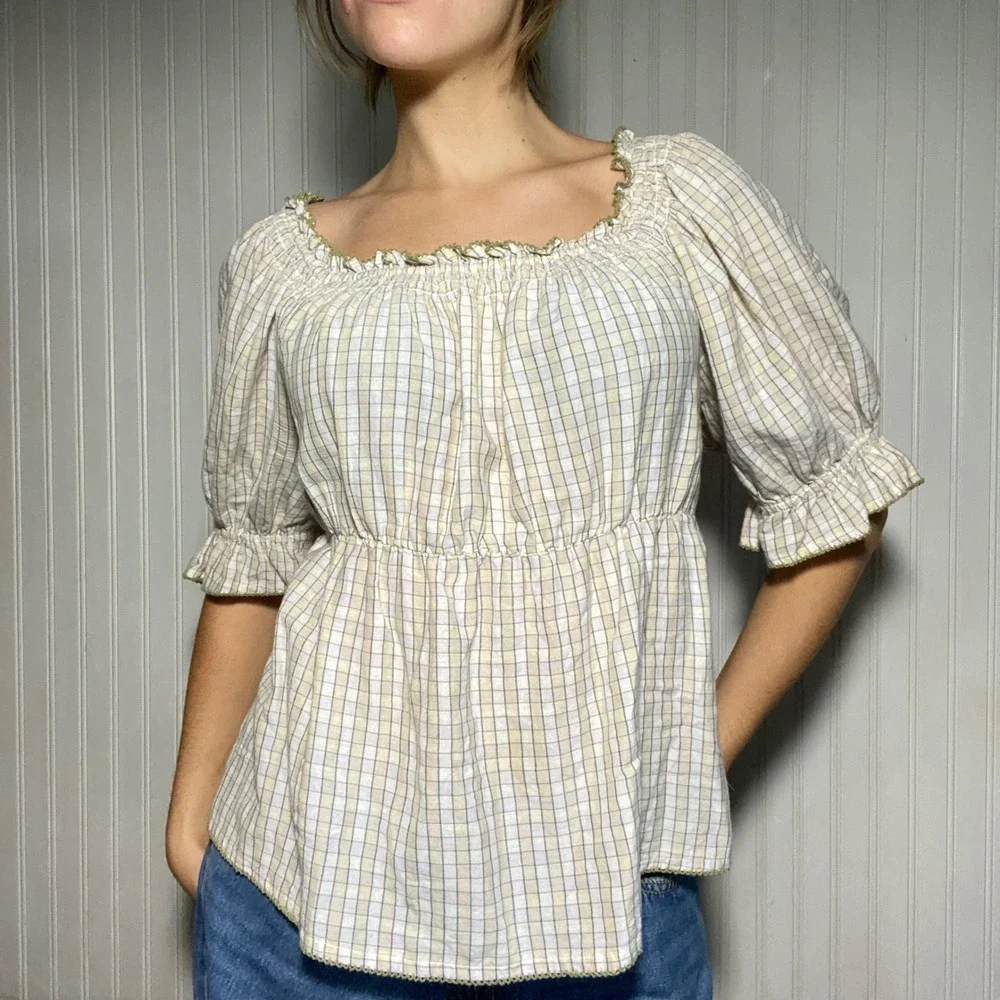 Old Navy Cottagecore Cream Plaid Peasant Top Puff Sleeve Smocked Ruffle - Large